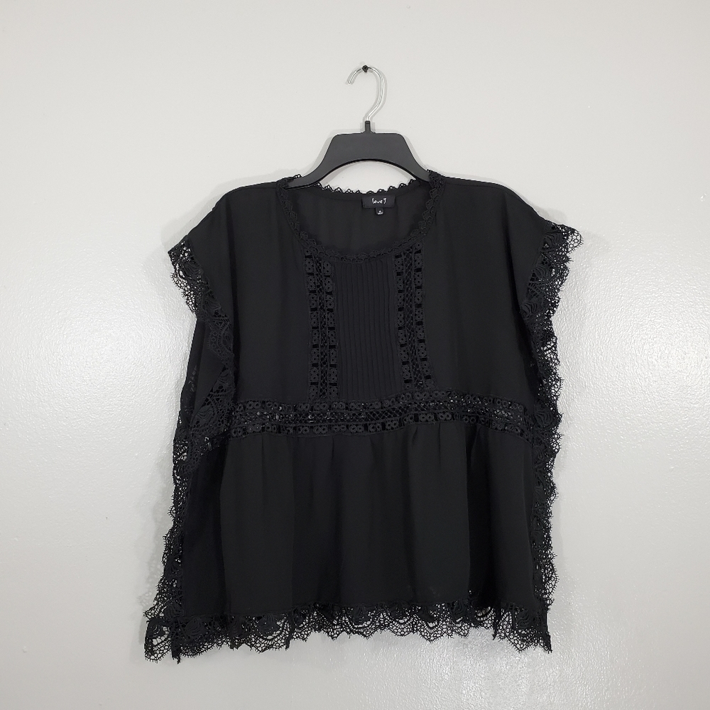 Love J Black Sheer Lace Trim Top